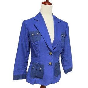 Cabi Blueberry Cotton Stretch Resort Blazer Size 4 3/4 Sleeve Office Twee Gold